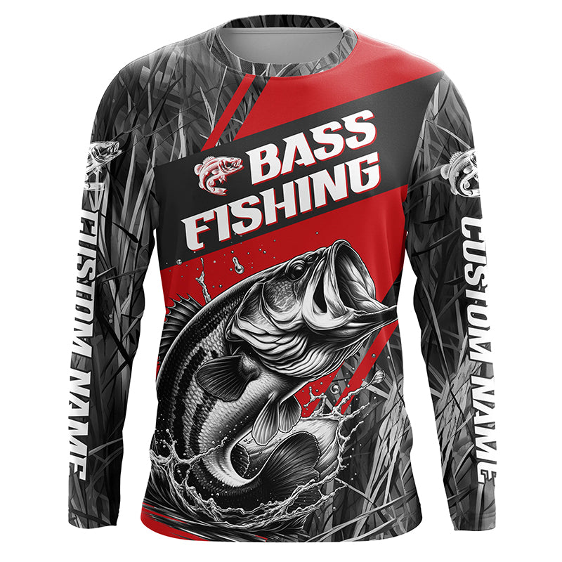 Black And Red Camo Bass Long Sleeve Tournament Fishing Shirts, Custom Bass Fishing Jerseys IPHW6315