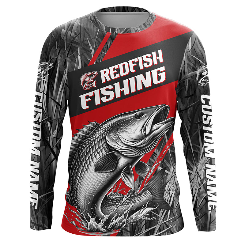 Black And Red Camo Redfish Long Sleeve Tournament Fishing Shirts, Custom Redfish Fishing Jerseys IPHW6316