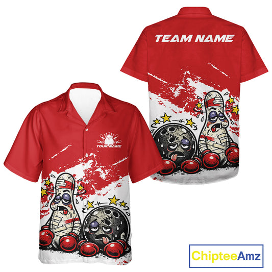Front and back view of a button-up bowling shirt mockup in red and white, featuring boxing-style bowling ball and pin dynamic sports artwork.