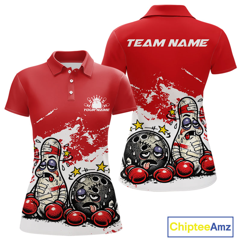 Front and back view of a women’s polo shirt mockup in red and white, featuring cartoon boxing-style bowling ball and pin illustrated as beaten-up boxers in playful sports design.