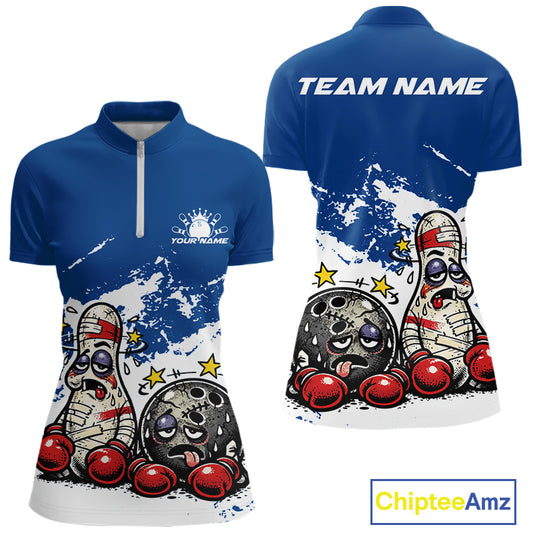 Front and back view of a women’s quarter-zip bowling shirt mockup in blue and white, featuring boxing-style bowling ball and pin illustration.