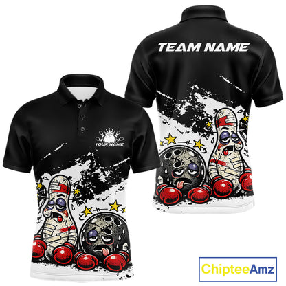 Front and back view of a men’s polo shirt mockup in black and white, featuring cartoon boxing-style bowling ball and pin illustration.