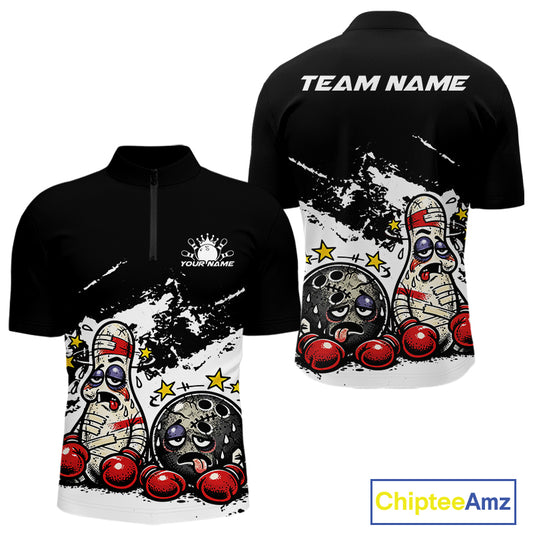 Front and back view of a men’s quarter-zip bowling shirt mockup in black and white, featuring boxing-style bowling ball and pin illustration.