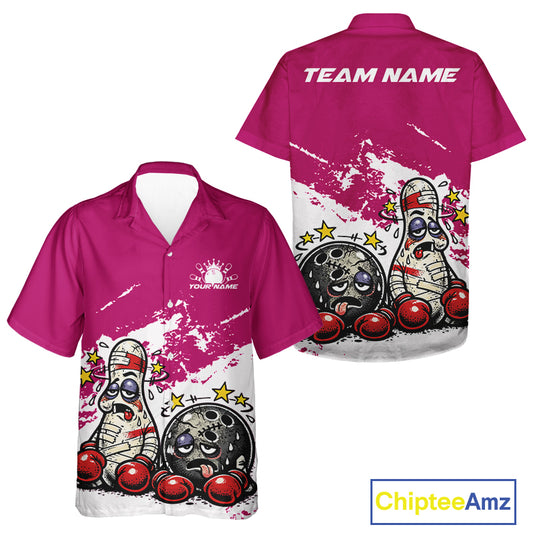 Front and back view of a button-up bowling shirt mockup in pink and white, featuring boxing-style bowling ball and pin humorous sports artwork.