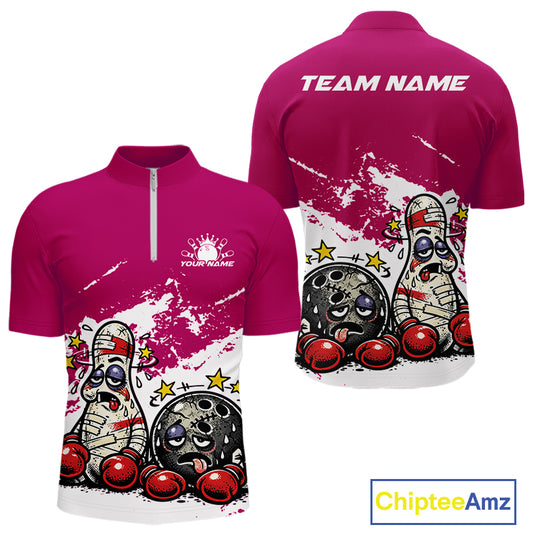Front and back view of a men’s quarter-zip bowling shirt mockup in pink and white, featuring boxing-style bowling ball and pin cartoon graphics.