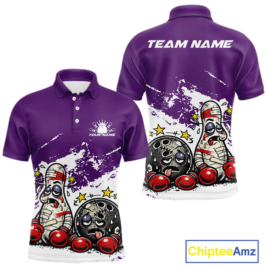 Front and back view of a men’s polo shirt mockup in purple and white, featuring cartoon boxing bowling ball and pin playful illustration.