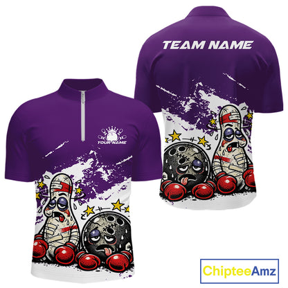 Front and back view of a men’s quarter-zip bowling shirt mockup in purple and white, featuring funny boxing bowling ball and pin illustration.