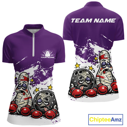 Front and back view of a women’s quarter-zip bowling shirt mockup in purple and white, featuring humorous boxing-style bowling ball and pin graphics.