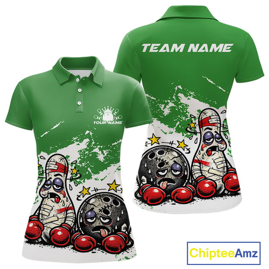 Front and back view of a women’s polo shirt mockup in green and white, featuring funny boxing-style bowling ball and pin illustration.