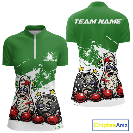 Front and back view of a women’s quarter-zip bowling shirt mockup in green and white, featuring playful cartoon boxing bowling ball and pin illustration.
