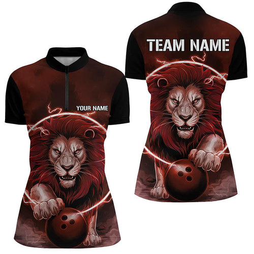 Custom Lion Bowling Quarter Zip Shirts For Women, Ladies Bowling Shirts Uniform | Red IPHW6773