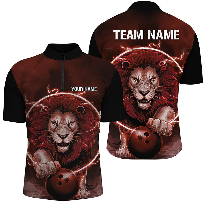 Custom Lion Bowling Quarter Zip Shirts For Men, Personalized Bowling Shirts Bowling Uniform | Red IPHW6773