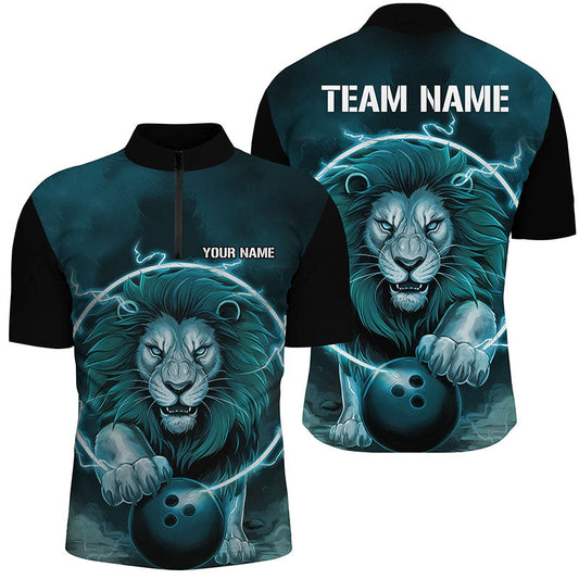 Custom Lion Bowling Quarter Zip Shirts For Men, Personalized Bowling Shirts Bowling Uniform | Blue IPHW6774