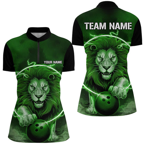 Custom Lion Bowling Quarter Zip Shirts For Women, Ladies Bowling Shirts Uniform | Green IPHW6775