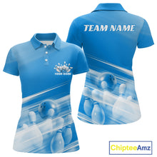 Load image into Gallery viewer, Front and back blue women’s polo shirt mockup with bowling ball and pins motif blended into a pink geometric pattern background.