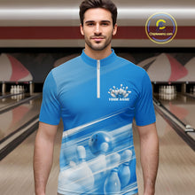 Load image into Gallery viewer, Front view male model at the bowling lane wearing a blue quarter zip shirt with bowling ball and pins over a pink geometric pattern.