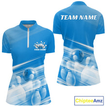 Load image into Gallery viewer, Front and back blue women’s bowling quarter zip mockup featuring bowling ball and pins artwork blended into a pink geometric pattern.