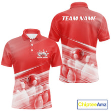 Load image into Gallery viewer, Front and back red men’s bowling polo shirt mockup featuring bowling ball and pins graphics over a pink geometric background.