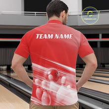 Load image into Gallery viewer, Front view of a male model at the bowling lane wearing a red quarter zip shirt with bowling ball and pins over a pink geometric background.