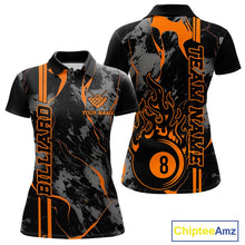 Load image into Gallery viewer, Women’s polo shirt mockup shown front and back with flaming billiard 8 ball graphics on a blue and green abstract background.