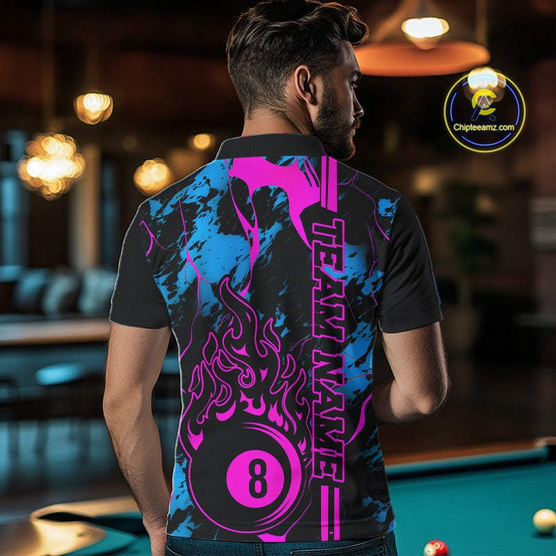 Male model back view wearing a Billiard polo shirt with flaming 8 ball motif on a blue and green abstract background.