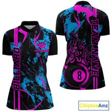 Load image into Gallery viewer, Front and back women’s Billiard quarter zip mockup with billiard 8 ball flame graphics across a blue and green abstract background.