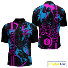 Load image into Gallery viewer, Front and back men’s Billiard quarter zip shirt mockup with billiard 8 ball flame graphics across a blue and green abstract background.