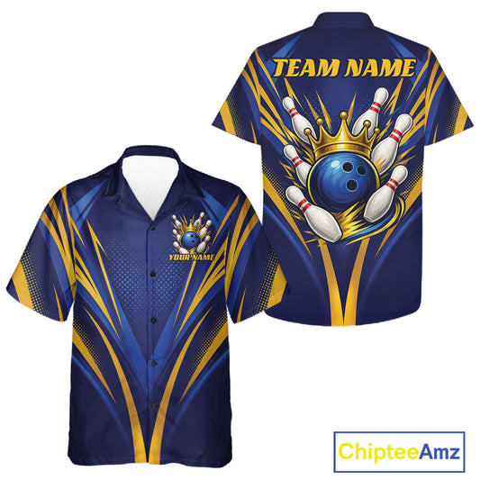 Custom bowling-themed short-sleeve button-up shirt shown in front and back views. The shirt features a navy blue base with bold yellow graphic streaks, a large bowling ball and pins under a gold crown on the back