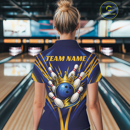 Custom Blue And Gold Crowned Bowling Ball Bowling Queen Team Women Quarter-Zip Shirt IPHW11810