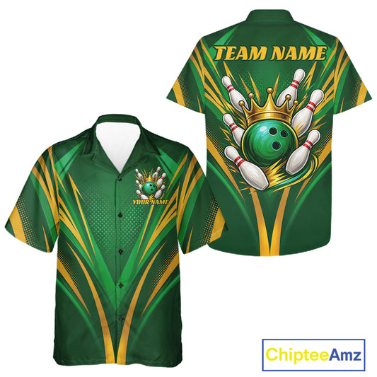 Front and back views of a green and yellow bowling-themed short-sleeve button-up shirt. The front features a bowling pin and crowned ball graphic