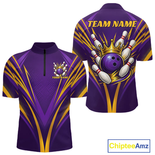 Custom bowling-themed short-sleeve quarter zip shirt shown from both front and back on a white background. The shirt is primarily purple with bold yellow graphic patterns, featuring a bowling pin and ball design on the back, a crown and bowling pins, and placeholder text reading 'TEAM NAME' and 'YOUR NAME'.