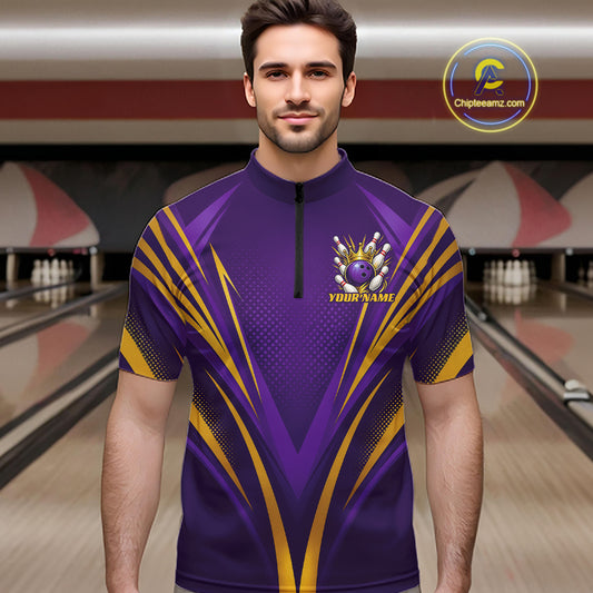 A man wearing a purple and gold bowling jersey with a quarter zip collar, standing in a bowling alley. The jersey features a crownedbowling ball and bowling pins graphic on the chest with the text 'YOUR NAME'.