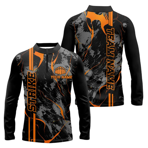 Custom Orange Strike Bowling Long Sleeve Men Quarter-Zip Shirts, Orange Camo Bowling Team Jerseys IPHW5385