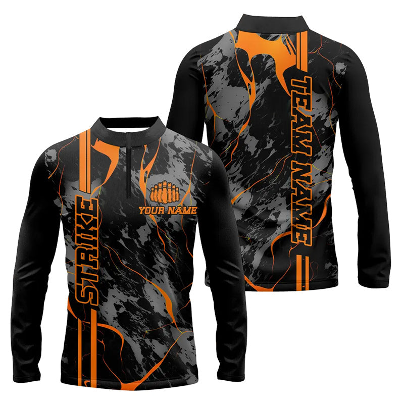 Custom Orange Strike Bowling Long Sleeve Men Quarter-Zip Shirts, Orange Camo Bowling Team Jerseys IPHW5385