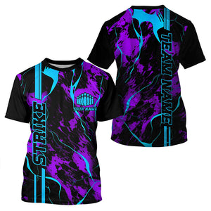 Custom Blue And Purple Camo Strike Bowling T Shirts For Men And Women, All Over Printed Bowling Team Uniform IPHW5386