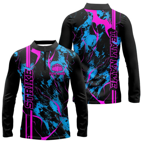 Custom Blue And Pink Strike Bowling Long Sleeve Quarter-Zip Shirts For Men Camo Bowling Team Jerseys IPHW5387