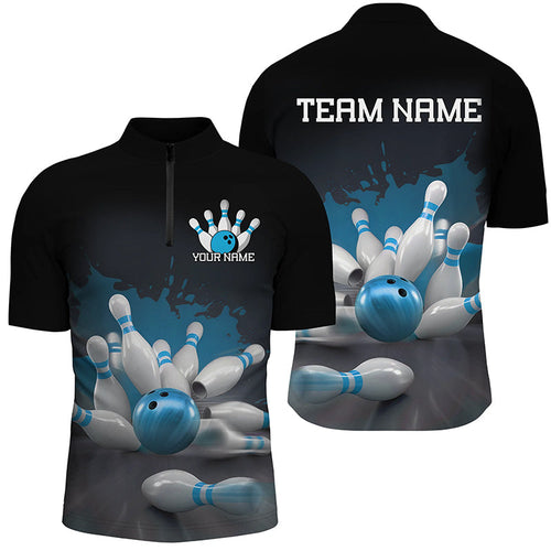 Custom Black And Blue Bowling League Shirts, Bowling Team Jerseys Bowling Shirts For Men IPHW7676