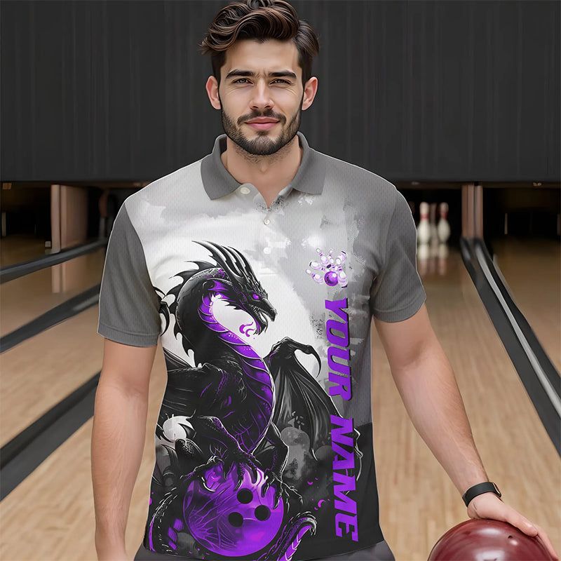 Black And Purple Custom Dragon Bowling Polo Shirts For Men, Dragon Bowling Team Shirts IPHW8817