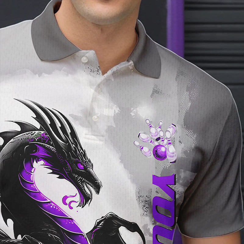 Black And Purple Custom Dragon Bowling Polo Shirts For Men, Dragon Bowling Team Shirts IPHW8817
