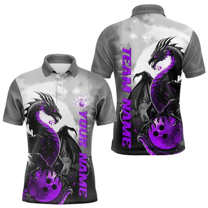 Black And Purple Custom Dragon Bowling Polo Shirts For Men, Dragon Bowling Team Shirts IPHW8817