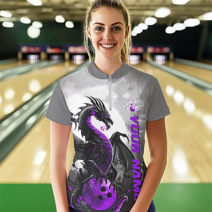 Black And Purple Custom Dragon Bowling Women Quarter-Zip Shirts, Dragon Bowling Team Shirts IPHW8817