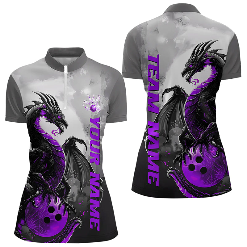 Black And Purple Custom Dragon Bowling Women Quarter-Zip Shirts, Dragon Bowling Team Shirts IPHW8817