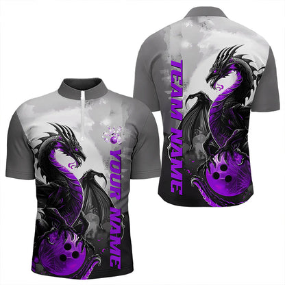 Black And Purple Custom Dragon Bowling Quarter-Zip Shirts For Men, Dragon Bowling Team Shirts IPHW8817