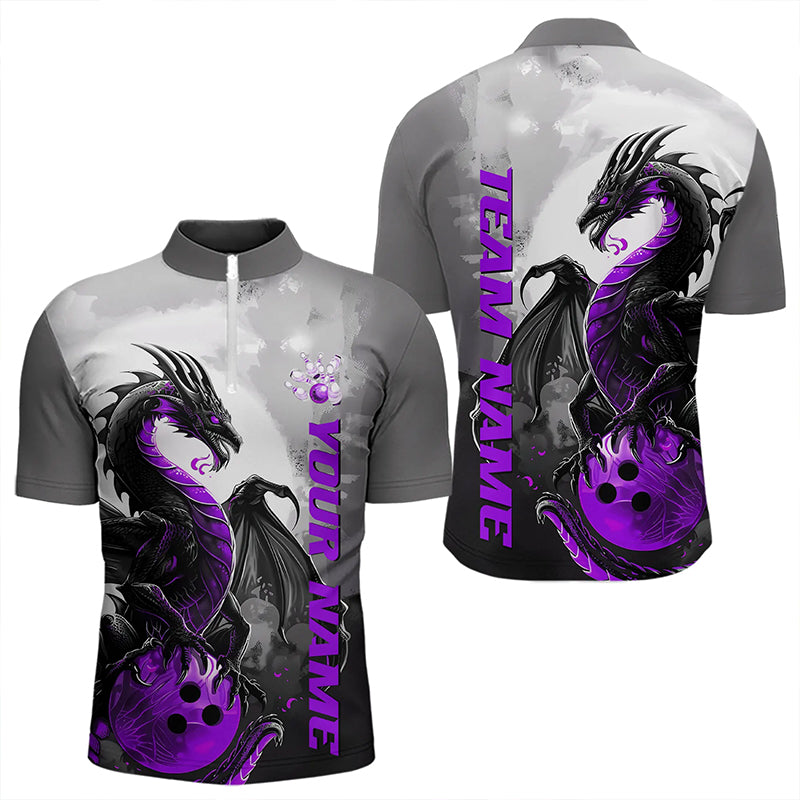 Black And Purple Custom Dragon Bowling Quarter-Zip Shirts For Men, Dragon Bowling Team Shirts IPHW8817
