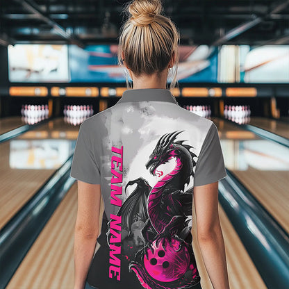Black And Pink Custom Dragon Bowling Polo Shirts For Women, Dragon Bowling Team Shirts IPHW8818