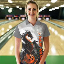 Load image into Gallery viewer, Black And Orange Custom Dragon Bowling Polo Shirts For Women, Dragon Bowling Team Shirts IPHW8819