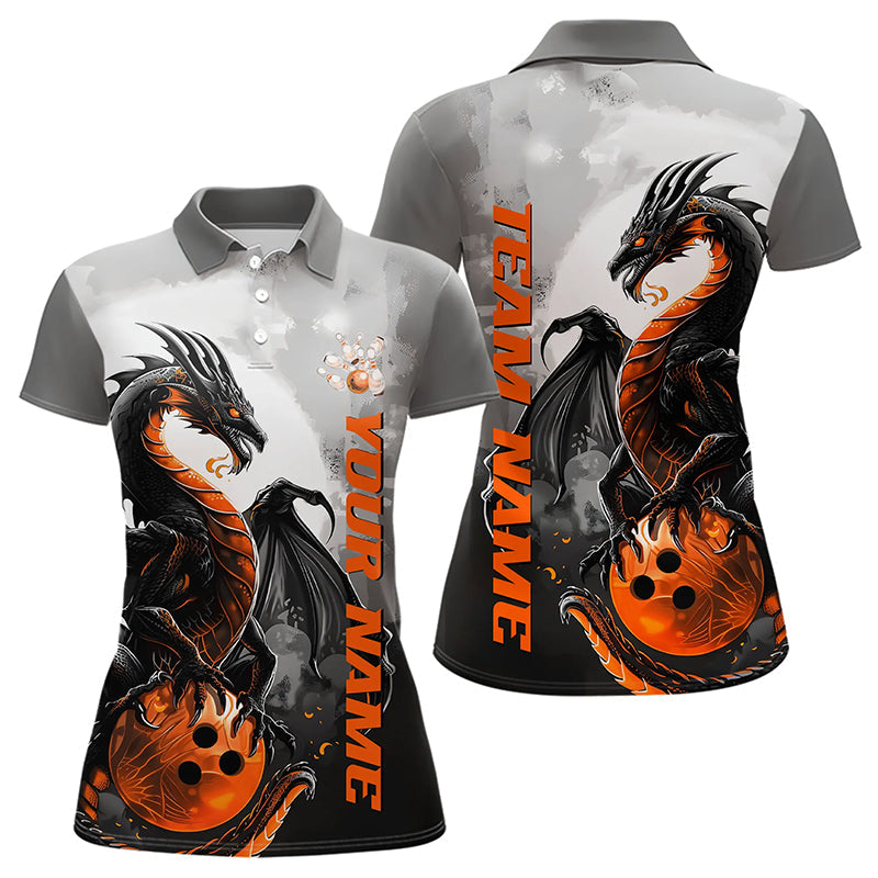Black And Orange Custom Dragon Bowling Polo Shirts For Women, Dragon Bowling Team Shirts IPHW8819