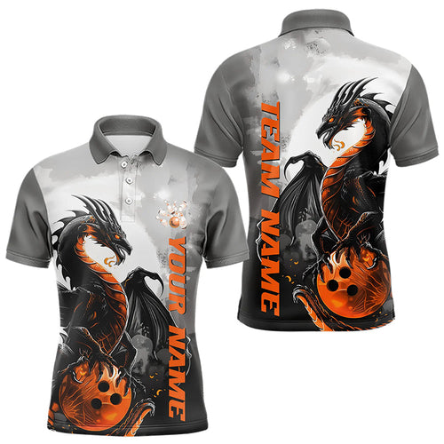 Black And Orange Custom Dragon Bowling Polo Shirts For Men, Dragon Bowling Team Shirts IPHW8819