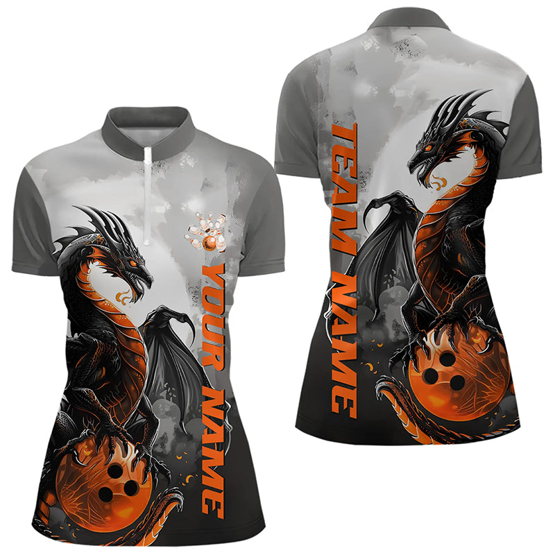 Black And Orange Custom Dragon Bowling Women Quarter-Zip Shirts, Dragon Bowling Team Shirts IPHW8819