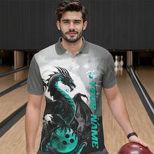 Load image into Gallery viewer, Black And Turquoise Blue Custom Dragon Bowling Polo Shirts For Men, Bowling Team Shirts IPHW8820